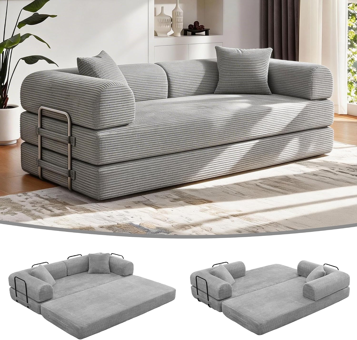 JJJ 63 inch Sofa Bed 4-in-1 Boneless Convertible Corduroy Sleeper Folding Couch with Fixed-Shape Frame and 2 Futons No Assemble Required 3 Seater Upholstered for Living Room (Light Grey, 63 inch)