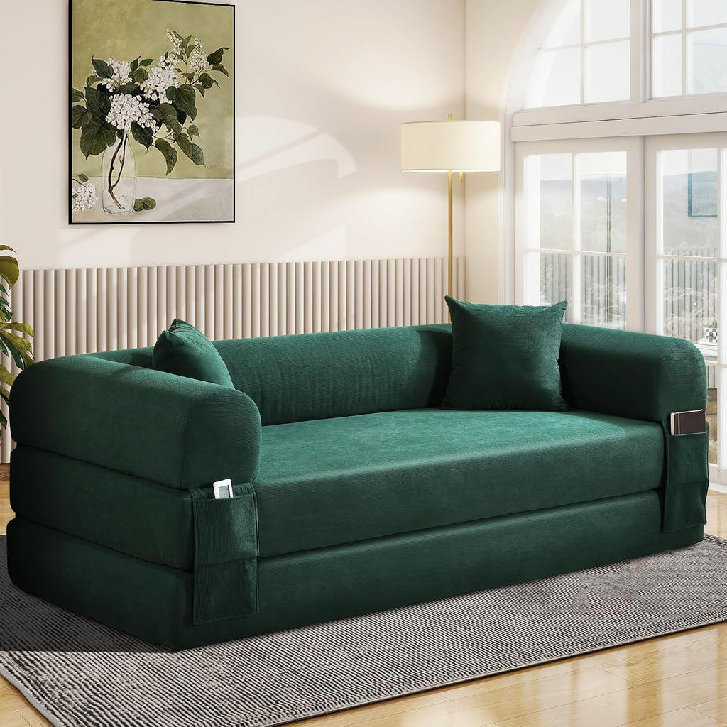 KBQ 3-Seat Convertible Sleeper Sofa Bed with 2 Pillows, Corduroy Folding Mattress Couch, Floor Sofa Lounge Couch for Living Room Bedroom Lounge Studio, Deep Green