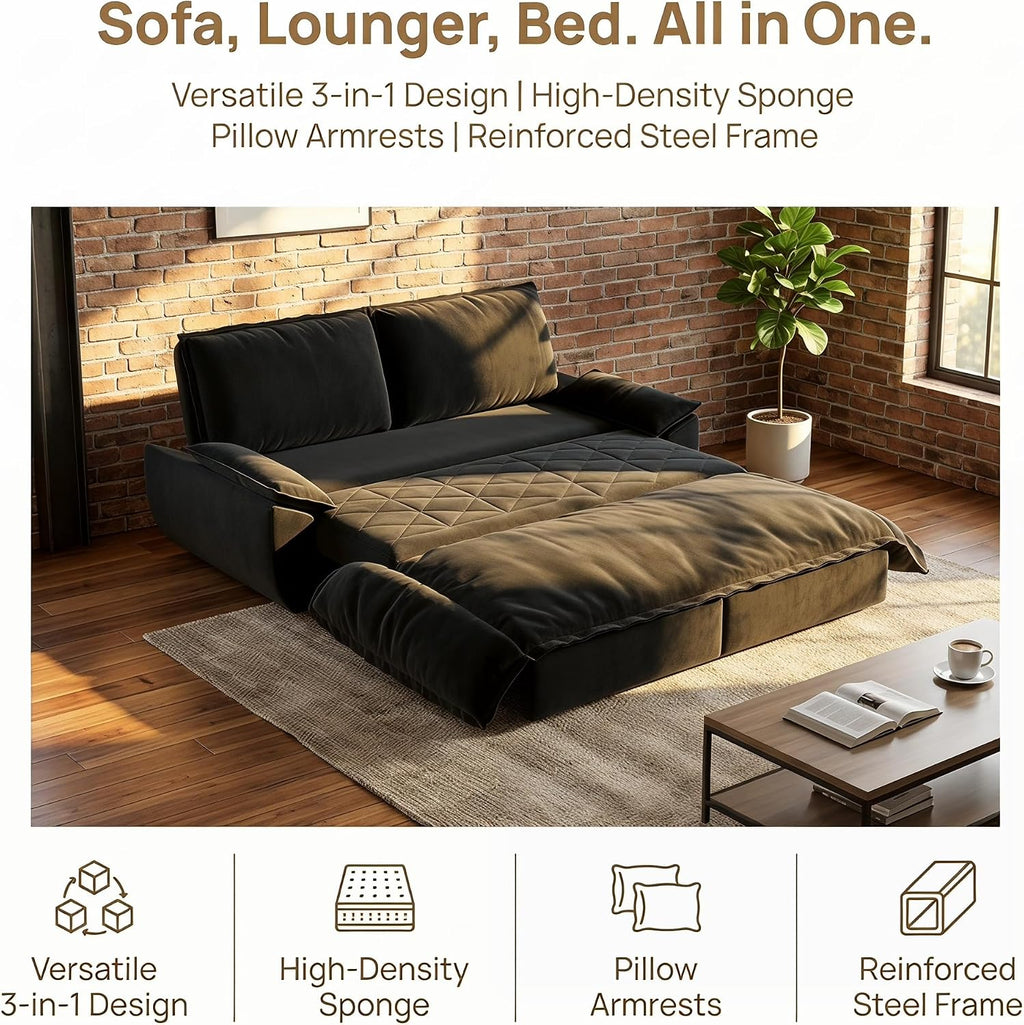 73.2' Sofa Bed Queen, 3-in-1 Pull Out Sofa Bed with Pillow Armrest, Modern Velvet Convertible Sleeper Futon Sofa for Living Room Small Space, Apartment, Bedroom, Black