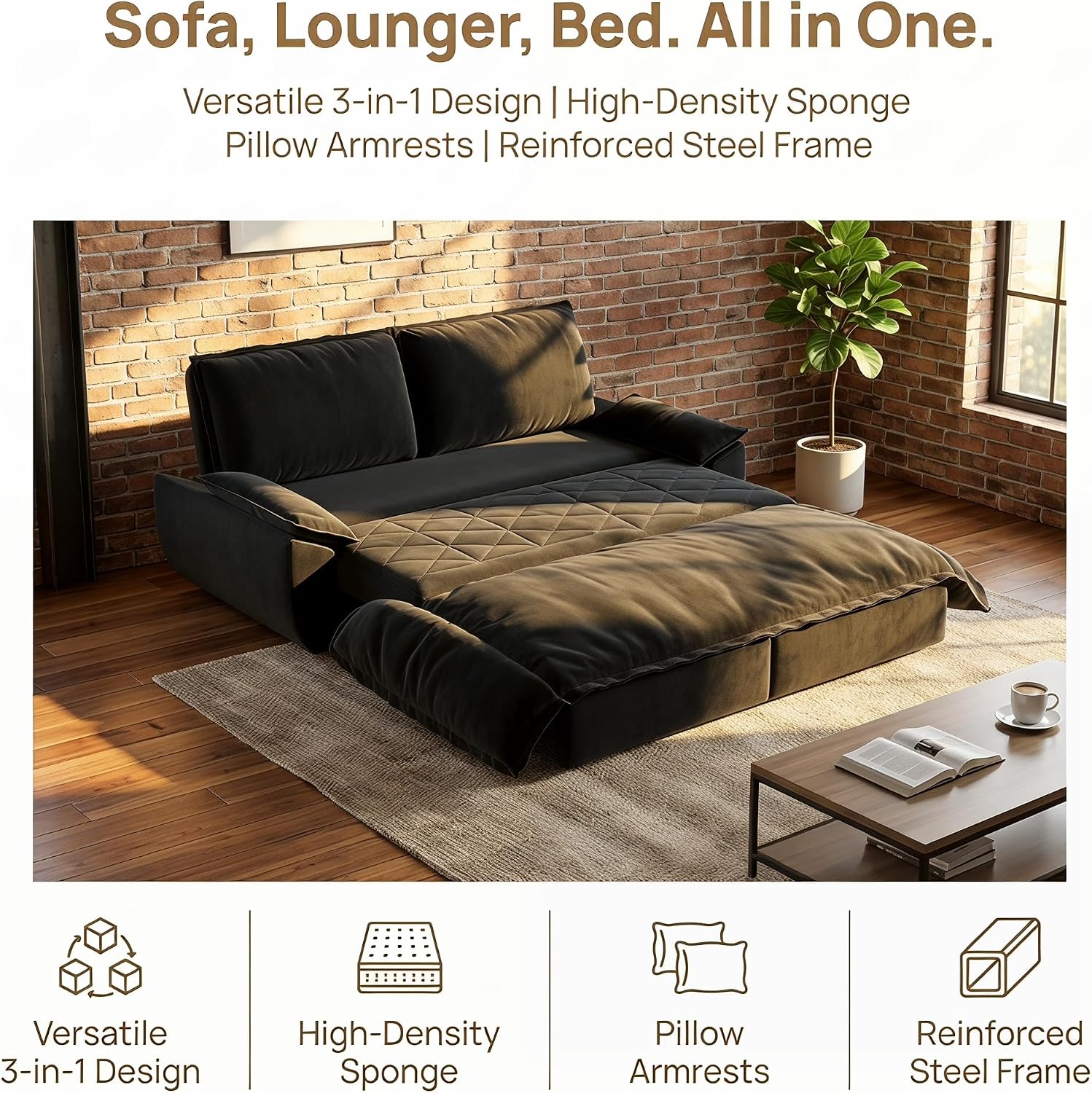 73.2' Sofa Bed Queen, 3-in-1 Pull Out Sofa Bed with Pillow Armrest, Modern Velvet Convertible Sleeper Futon Sofa for Living Room Small Space, Apartment, Bedroom, Black