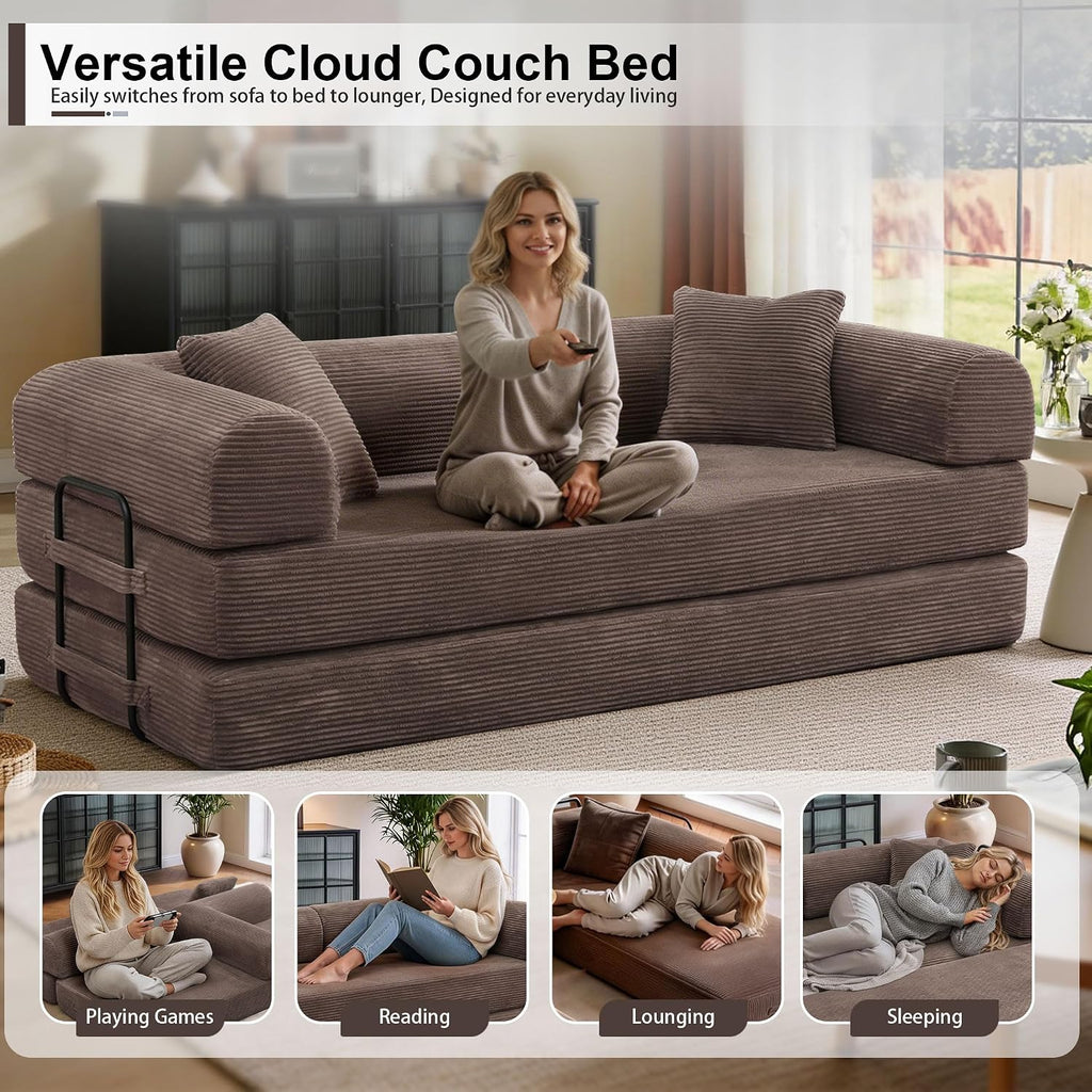 JJJ 78 inch Sofa Bed 4-in-1 Boneless Convertible Corduroy Sleeper Folding Couch with Fixed-Shape Frame and 2 Futons No Assemble Required 3 Seater Upholstered for Living Room (Brown, 78 inch)