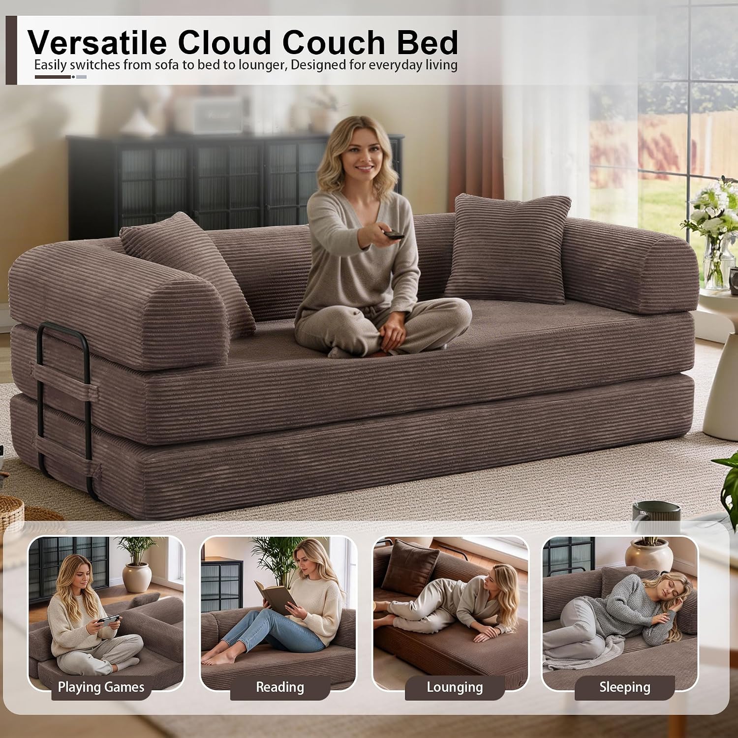 JJJ 78 inch Sofa Bed 4-in-1 Boneless Convertible Corduroy Sleeper Folding Couch with Fixed-Shape Frame and 2 Futons No Assemble Required 3 Seater Upholstered for Living Room (Brown, 78 inch)