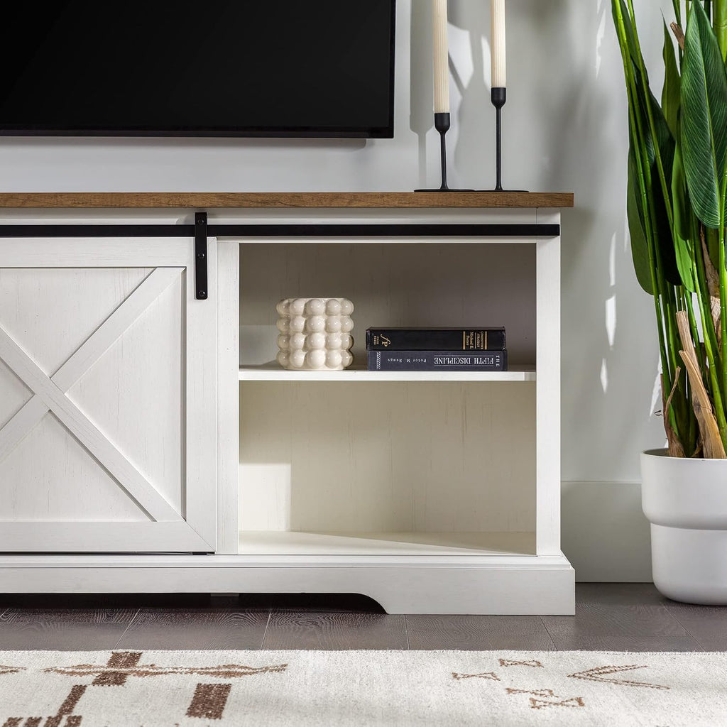 Walker Edison Corbin Modern Farmhouse Sliding X Barn Door TV Stand for TVs up to 80 Inches, 70 Inch, Reclaimed Barnwood and Brushed White