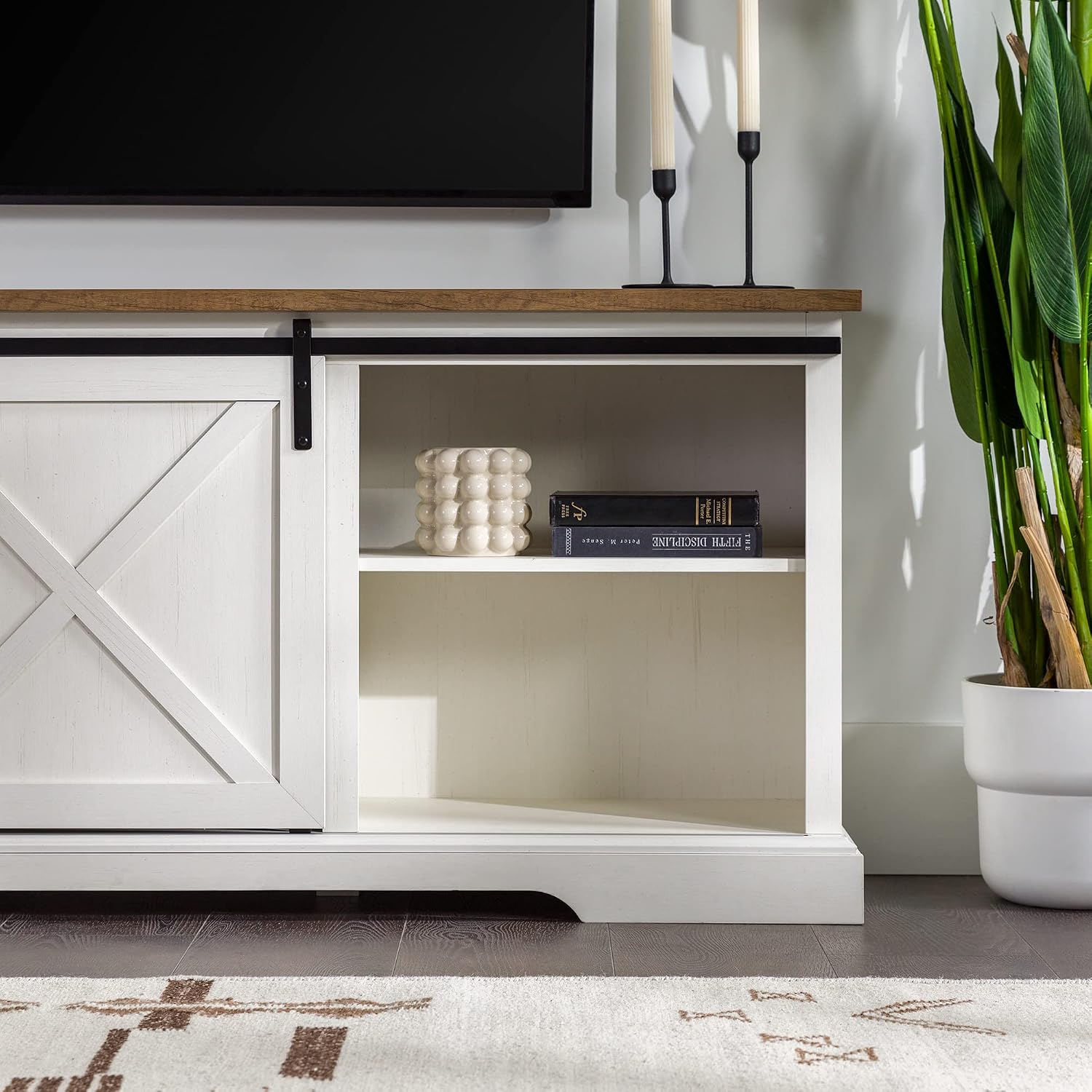 Walker Edison Corbin Modern Farmhouse Sliding X Barn Door TV Stand for TVs up to 80 Inches, 70 Inch, Reclaimed Barnwood and Brushed White