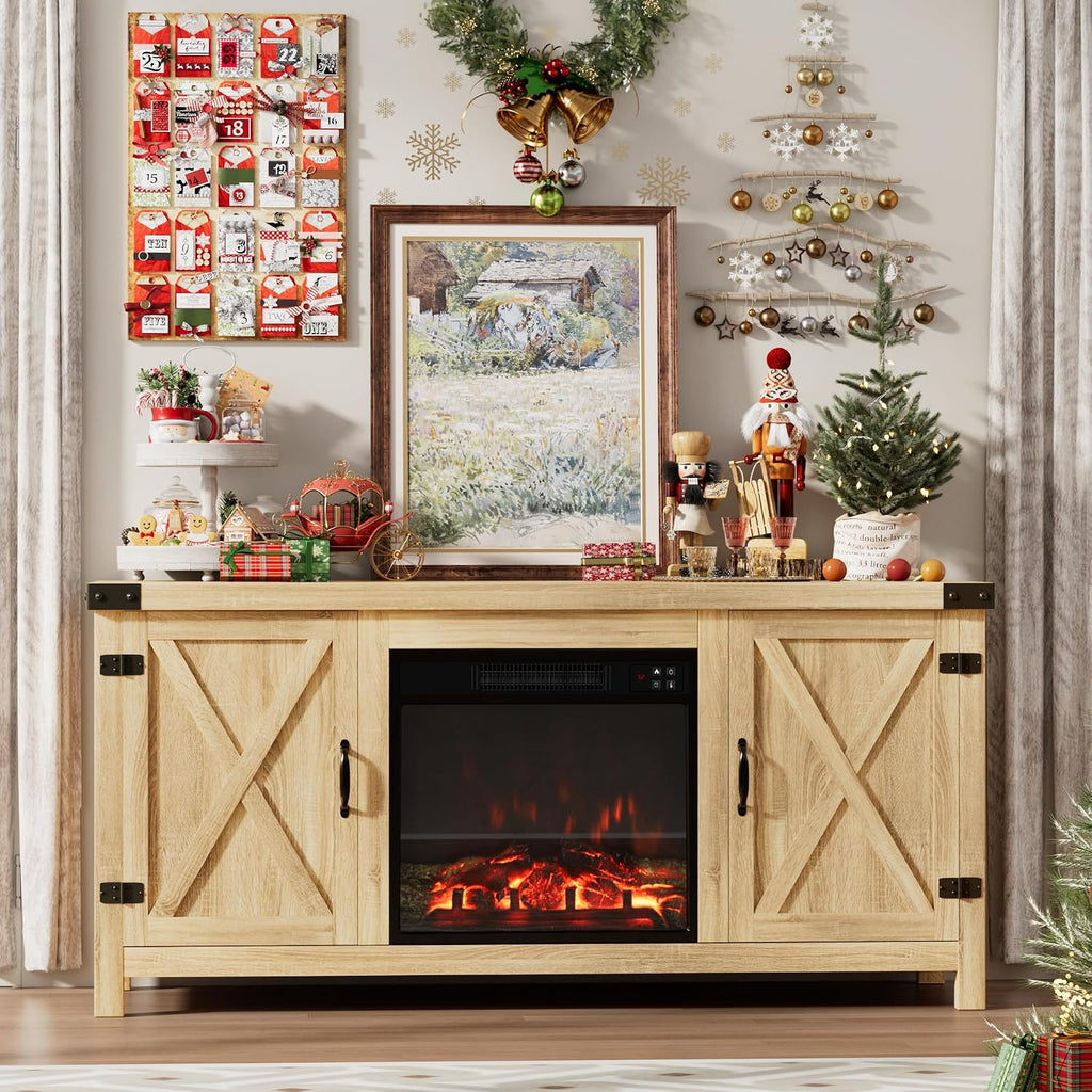 Furmax Fireplace TV Stand for Up to 65 Inches TVs, Farmhouse Entertainment Center with Grooved Barn Doors, Rustic Media Console Table with Storage Cabinets for Living Room (Natural Oak)