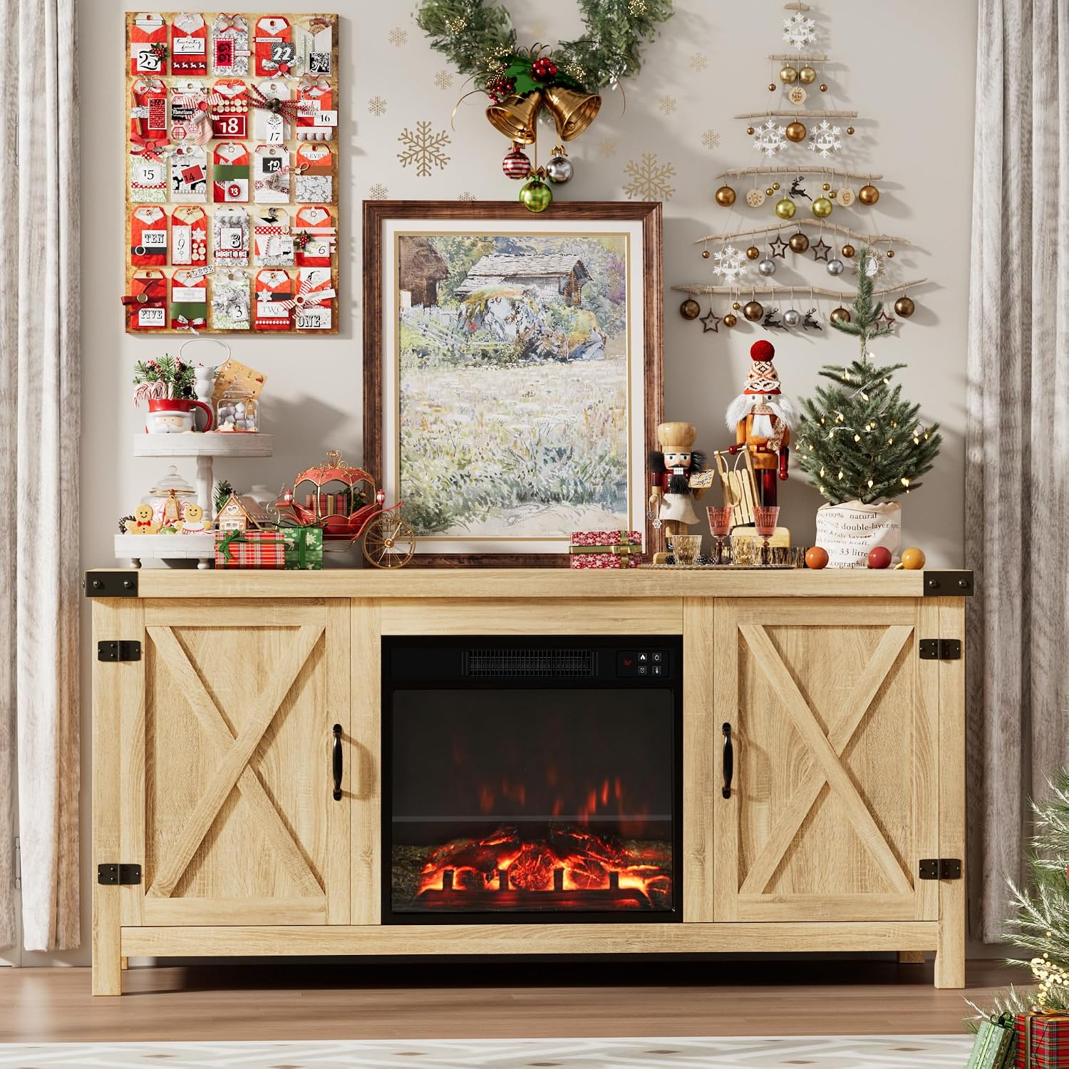 Furmax Fireplace TV Stand for Up to 65 Inches TVs, Farmhouse Entertainment Center with Grooved Barn Doors, Rustic Media Console Table with Storage Cabinets for Living Room (Natural Oak)