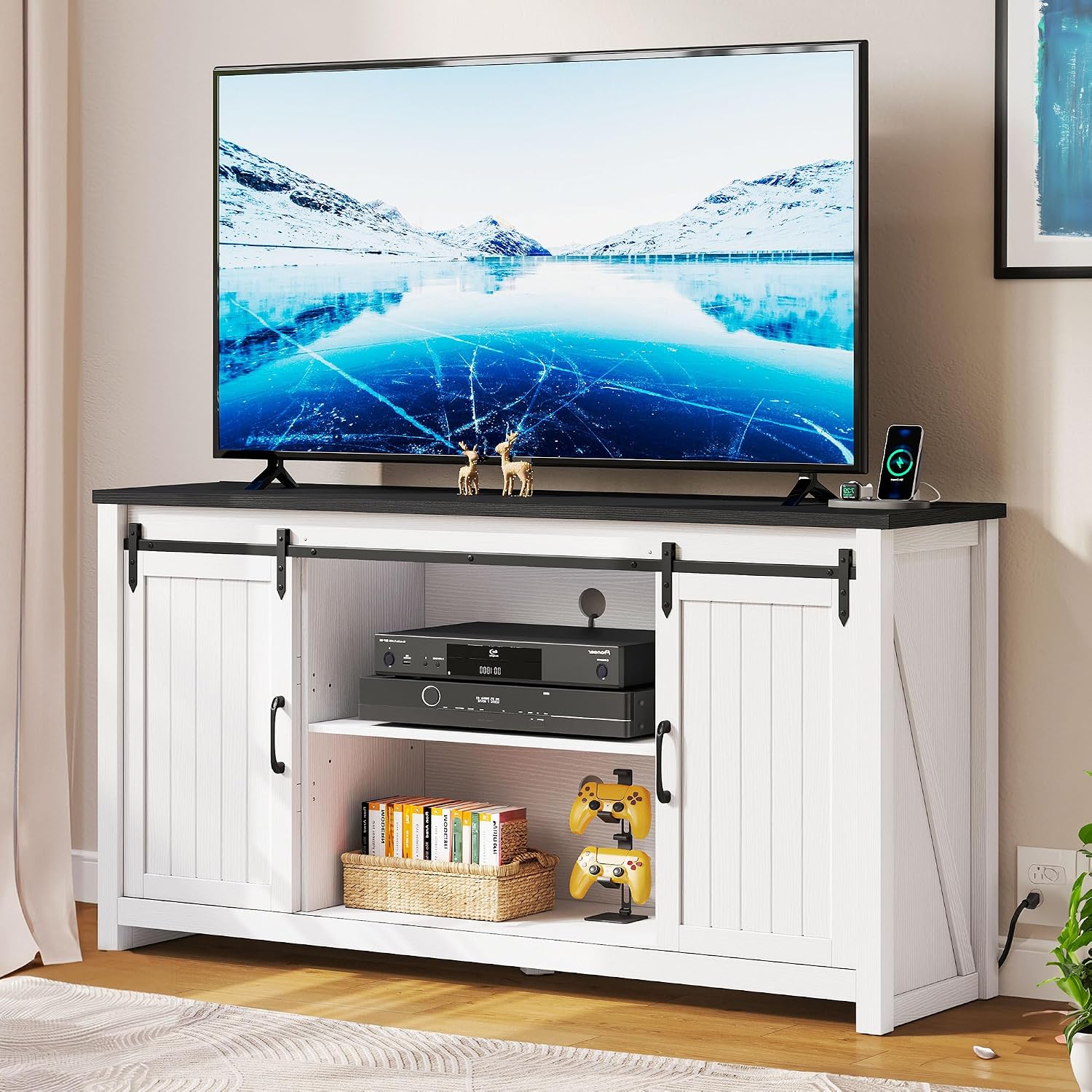 YITAHOME Farmhouse TV Stand for 65/55 Inch TV with Power Outlets & 6 Drawers, Entertainment Center with Sliding Barn Door and Adjustable Shelf, TV Media Console Storage Cabinet for Living Room, White