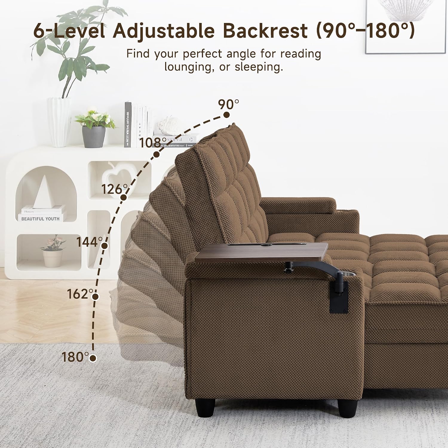 70.9' Chaise Lounge Chair Indoor, Oversized Boucle Upholstered Sofa Bed, Adjustable Backrest Deep Seat Reading Chair, Sofas Couches for Living Room with Storage, Cup Holders and 360° Swivel Side Table