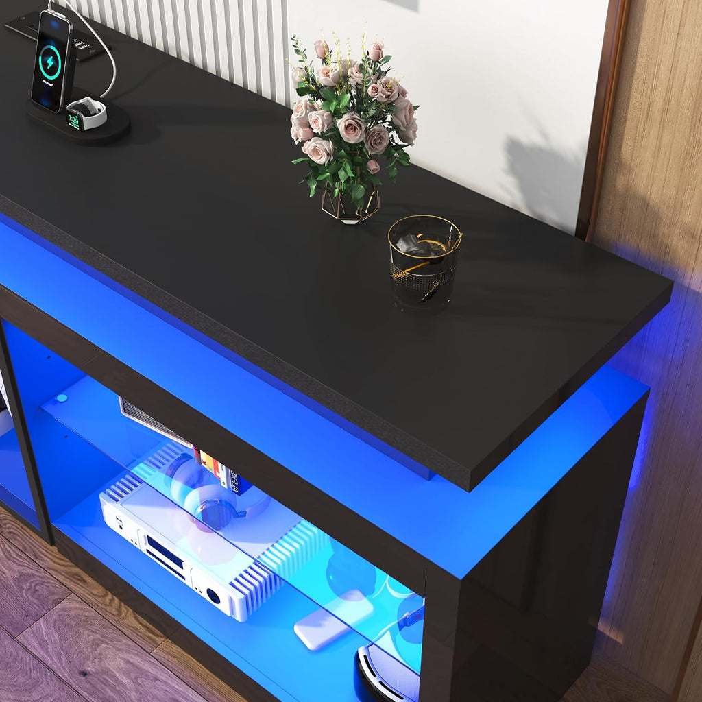 71' LED TV Stand with Power Outlet,60-Colors LED Lights For 65 70 80 in TV,High Gloss Gaming Entertainment Center w/Adjustable Shelves,Black TV Console with Modern Design for Living Room Bedroom