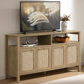 SICOTAS Rattan TV Stand for Television up to 65 Inch - 29.5' Tall Entertainment Center with Storage and Open Shelves,Boho Media TV Console Cabinet with 4-Doors and Adjustable Shelf for Living Room