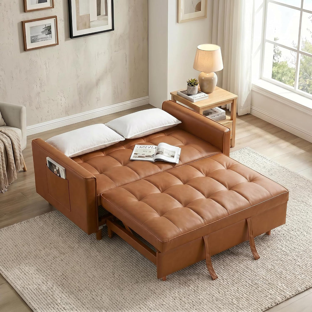 3 in 1 Convertible Sofa Bed, Loveseat Sleeper Sofa with Large Side Pockets, Pull Out Couch with Adjustable Backrest, Easy Assembly, PU Couch Bed for Small Spaces, Apartment, Brown