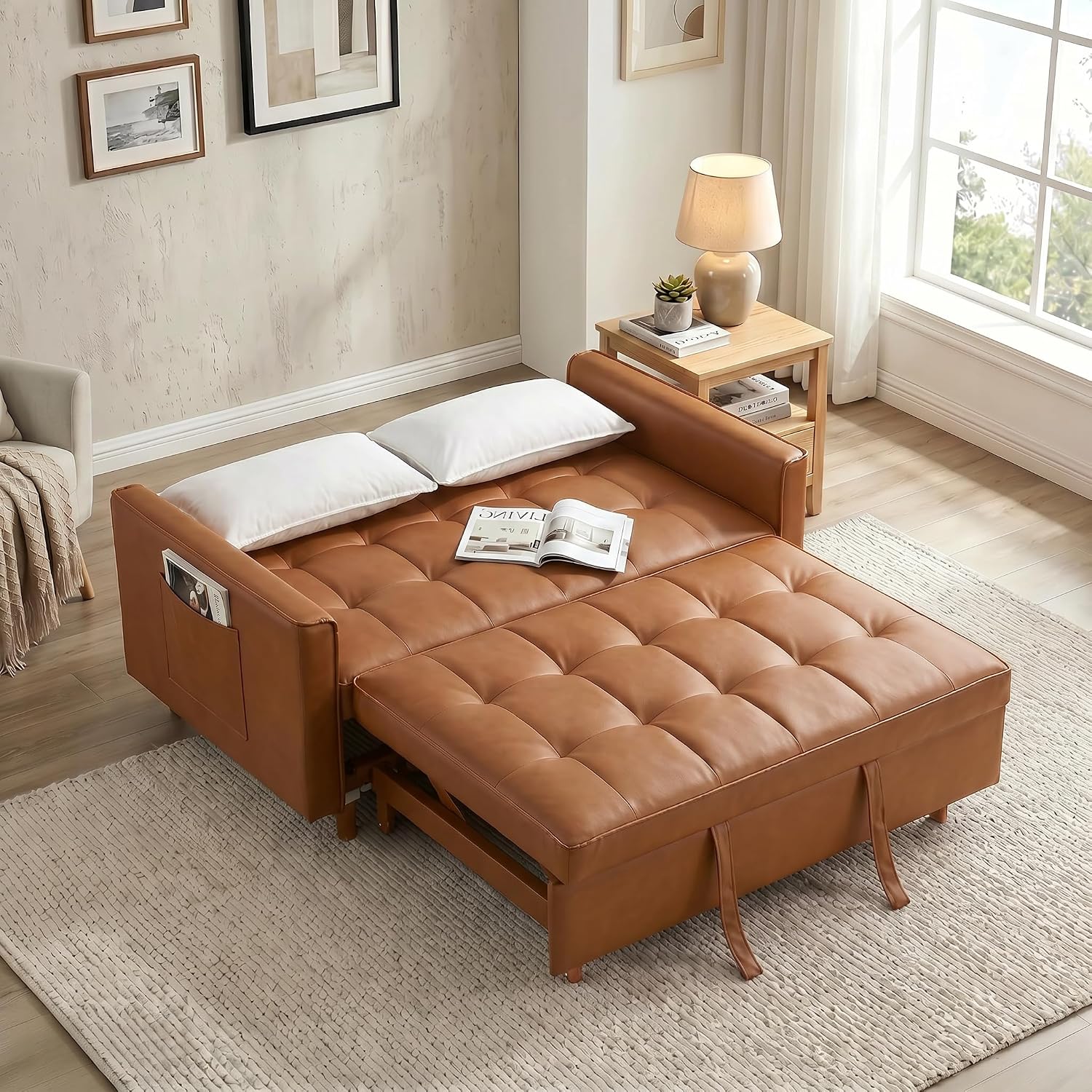 3 in 1 Convertible Sofa Bed, Loveseat Sleeper Sofa with Large Side Pockets, Pull Out Couch with Adjustable Backrest, Easy Assembly, PU Couch Bed for Small Spaces, Apartment, Brown