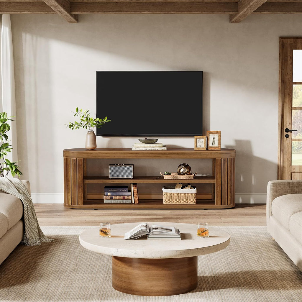 Tribesigns TV Stand for TVs up to 55 Inches, 47.2-Inch Entertainment Center with 2-Tier Open Storage & Adjustable Foot Pads, Oval Media TV Console Table for Living Room, Bedroom, Rustic Brown