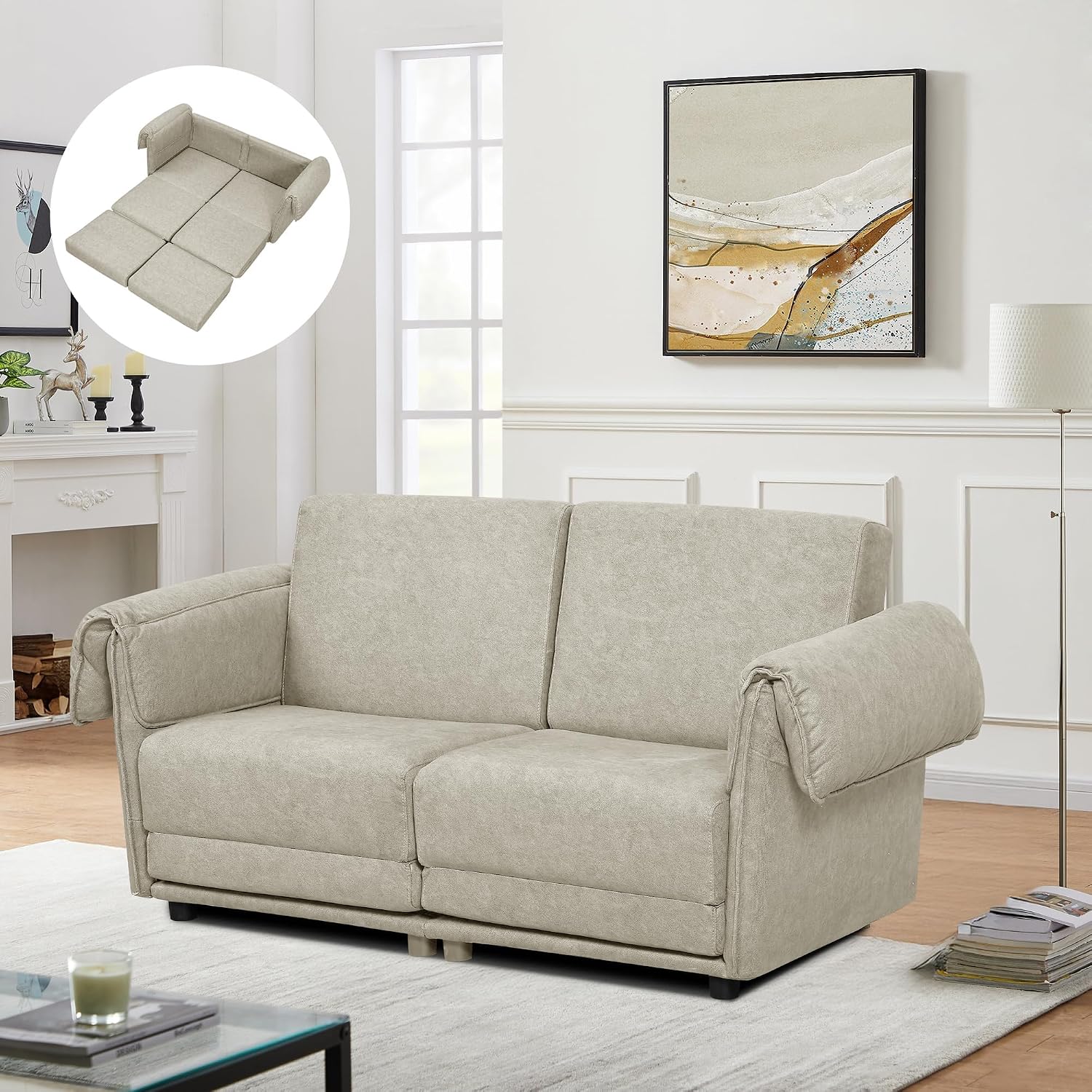 FHFO Loveseat Sleeper Sofa, Convertible Couch Bed Loveset Small Couchs for Small Spaces, 3 in 1 Pull Out Sofa Bed Modern 65' Comfy Futon Sofa Bed Queen for Living Room, Bedroom, Apartment (Beige)