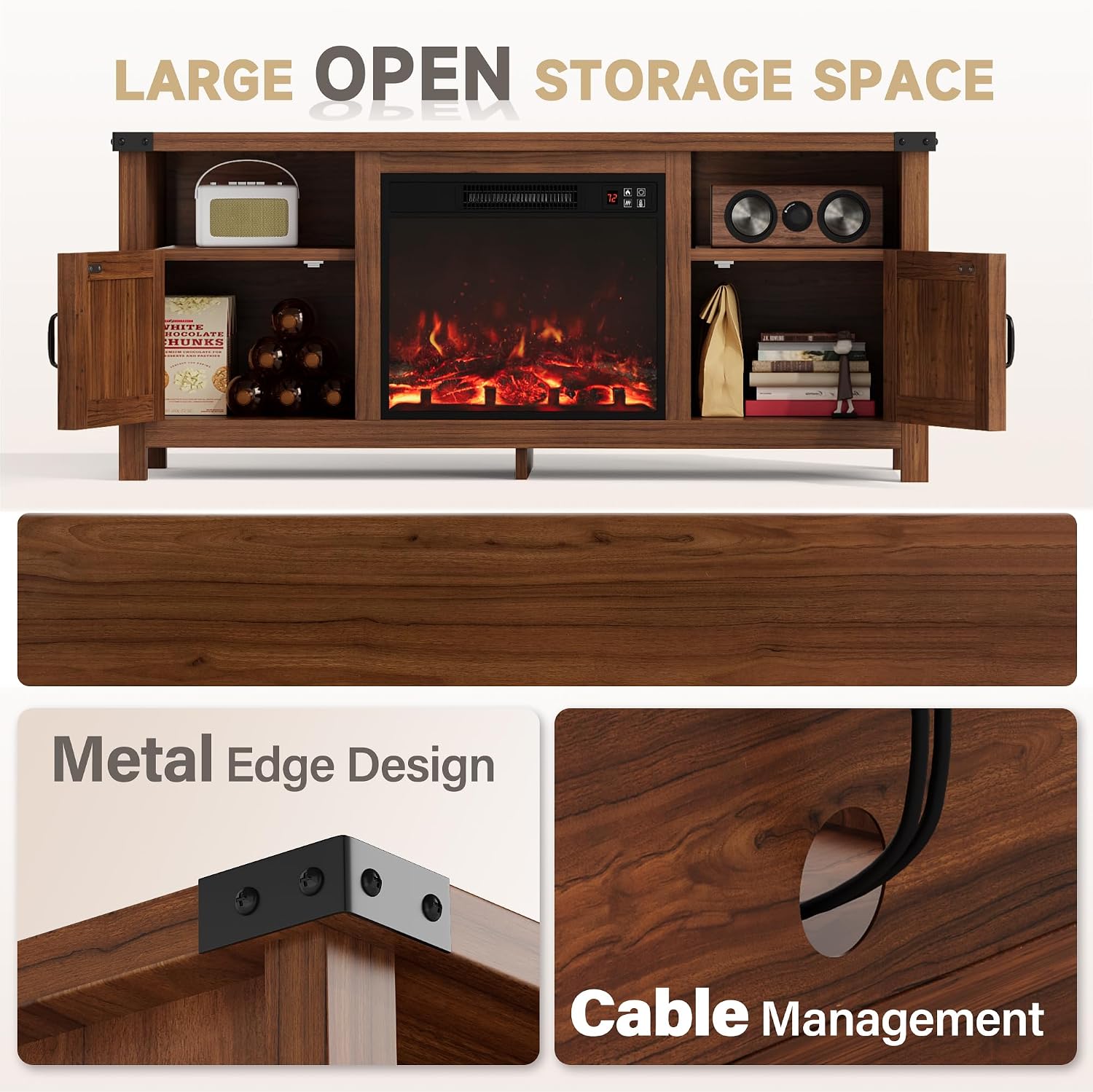 Furmax Entertainment Center with Fireplace, Fireplace TV Stand with Storage Cabinets and 2 Open Shelves, Modern Media TV Console for Living Room (Dark Brown)