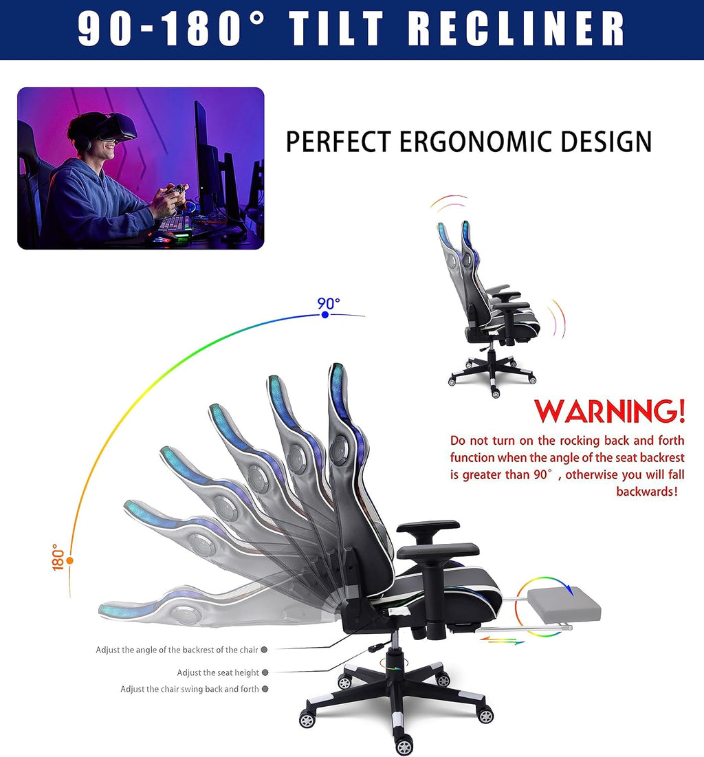 Gaming Chair with Massage and Speakers,Ergonomic Video Gaming Chair with Footrest and Lumbar Support,RGB Racing Gaming Chair, Computer Chair for Adults and Teens, 400lb.,White