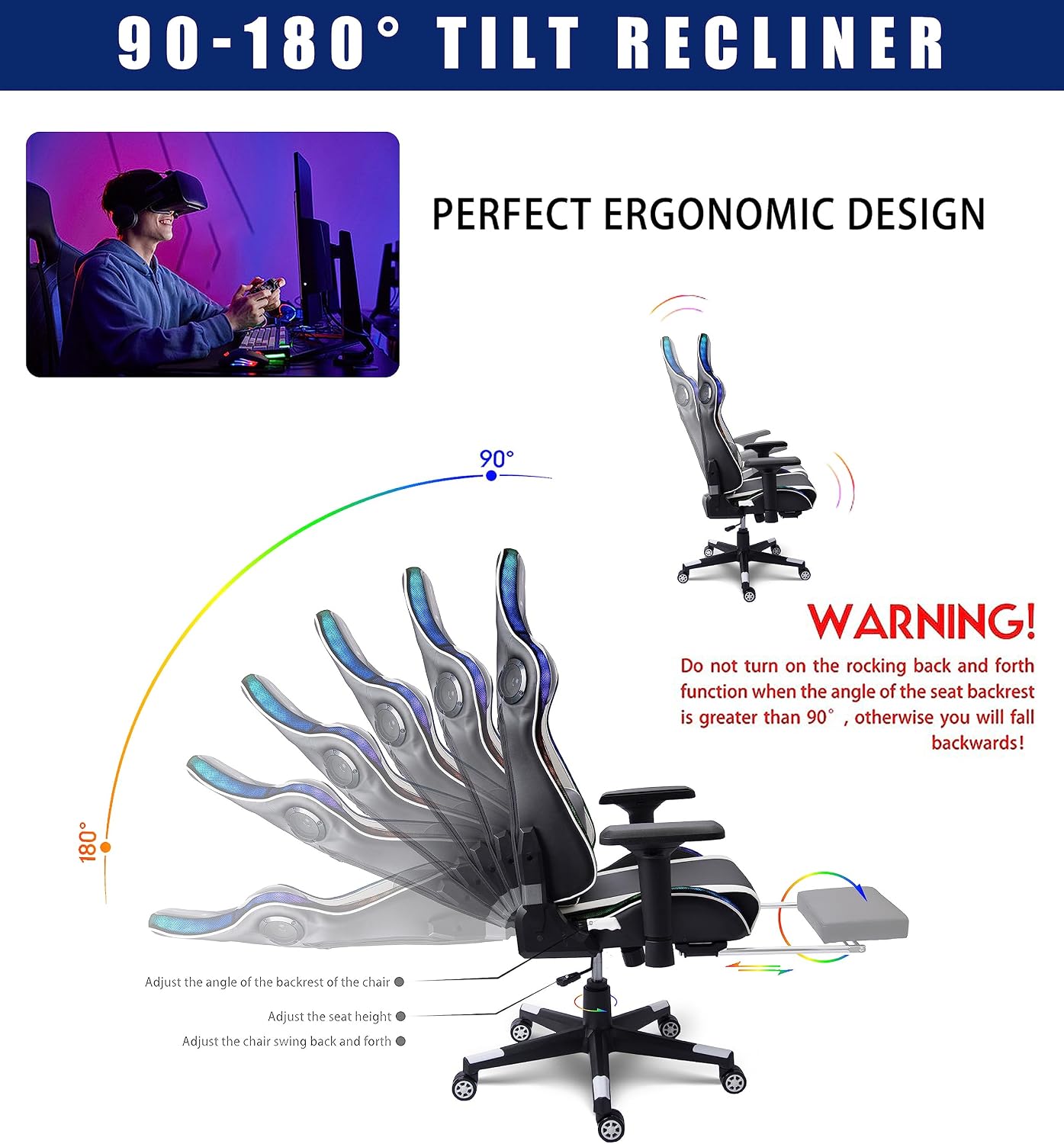 Gaming Chair with Massage and Speakers,Ergonomic Video Gaming Chair with Footrest and Lumbar Support,RGB Racing Gaming Chair, Computer Chair for Adults and Teens, 400lb.,White