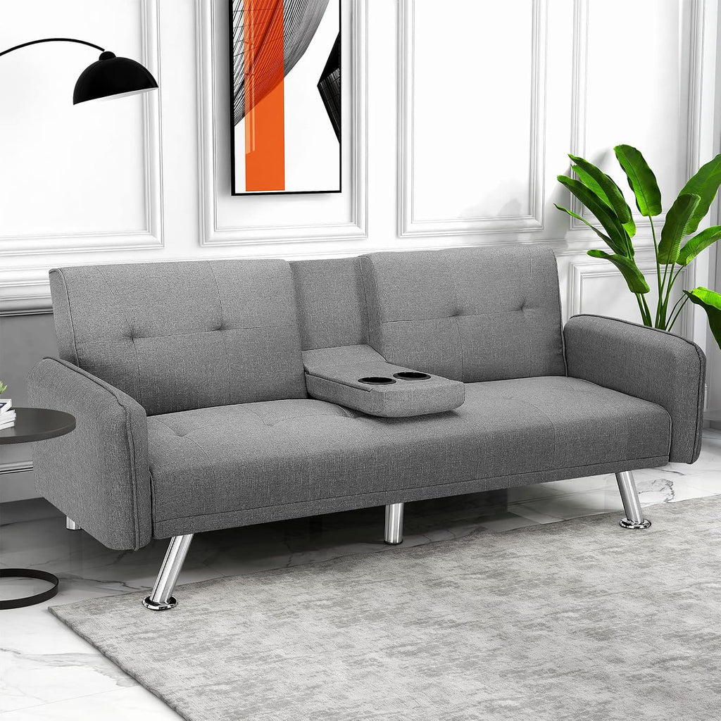 Futon Sofa Bed, Convertible Couch with 2 Cup Holders, Loveseat with Armrest for Studio, Apartment, Office, Living Room, Light Grey