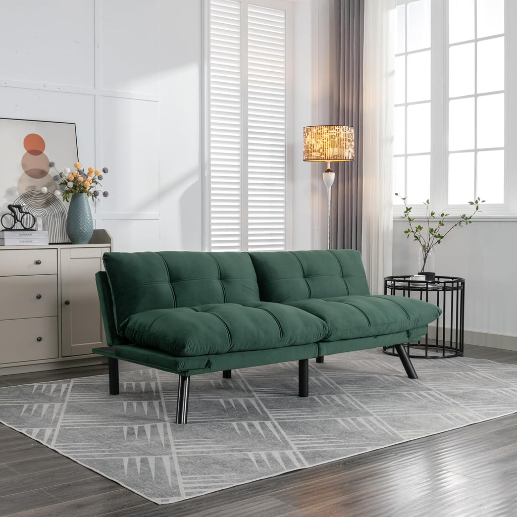Convertible Futon Sofa Bed for Small Spaces, Modern Multi-Functional Sleeper with Adjustable Backrest, Tufted Brown Fabric Couch for Living Room, Apartment, Dorm (Emerald)