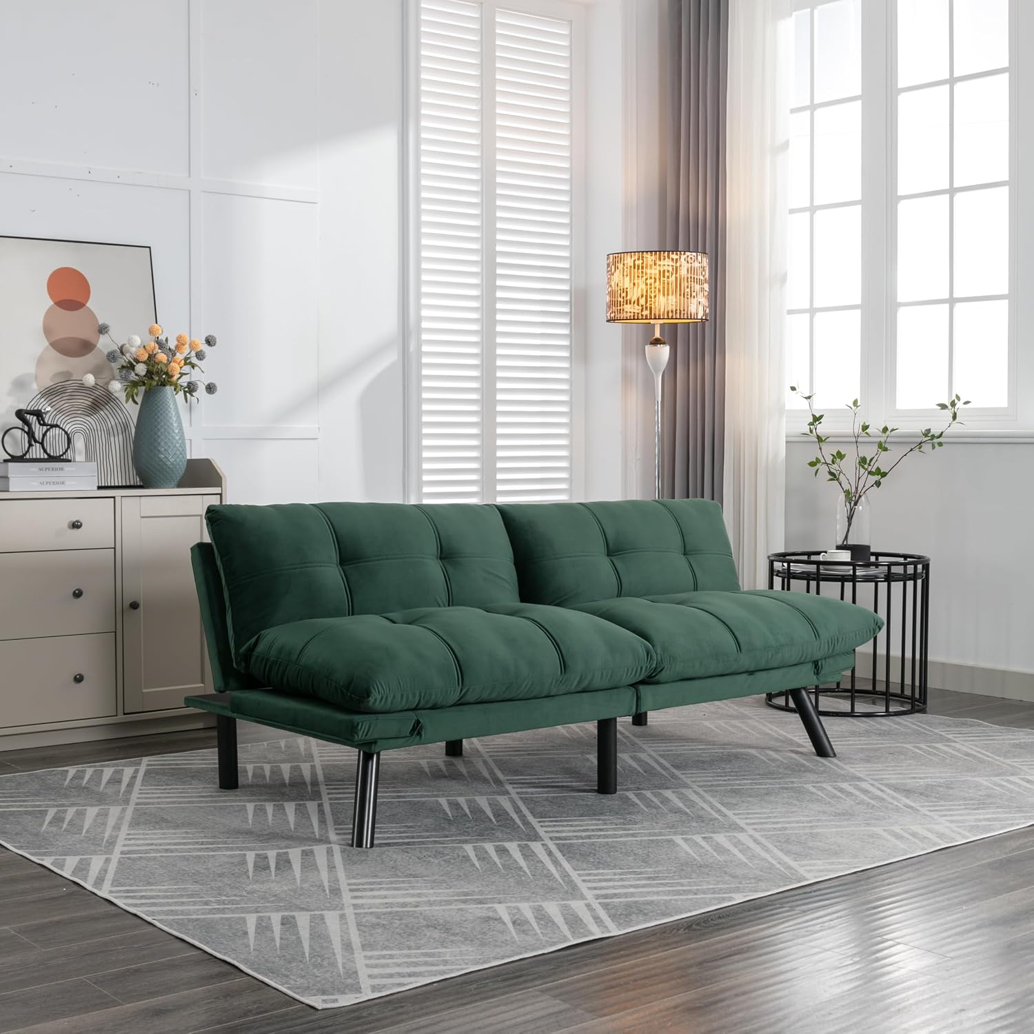 Convertible Futon Sofa Bed for Small Spaces, Modern Multi-Functional Sleeper with Adjustable Backrest, Tufted Brown Fabric Couch for Living Room, Apartment, Dorm (Emerald)