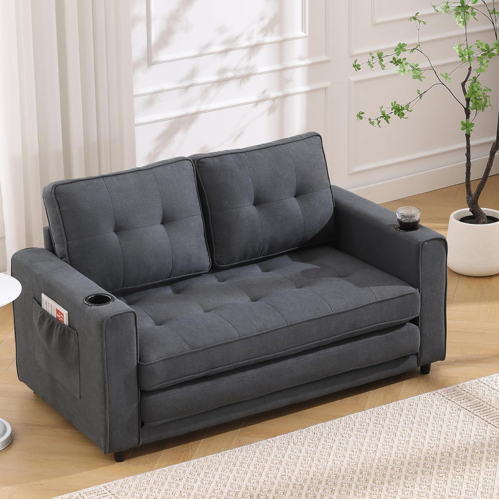 Merax Futon Sofa Bed, 3 in 1 Convertible Loveseat Sleeper with Pull Out Bed, Foldable Tufted Sofa Bed Couch W/Cup Holder and Side Pockets, for Living Room, Bedroom, Office, Dark Gray