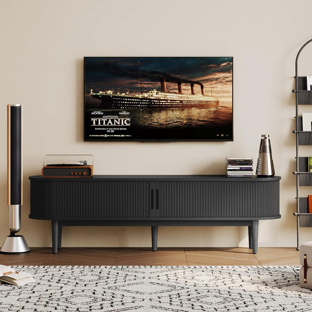 LINSY HOME 70' Fluted TV Stand for TVs up to 80 Inch, Mid Century Modern Entertainment Center with Storage Cabinet and Sliding Doors, Farmhouse Wood Media TV Console for Living Room, Bedroom, Black