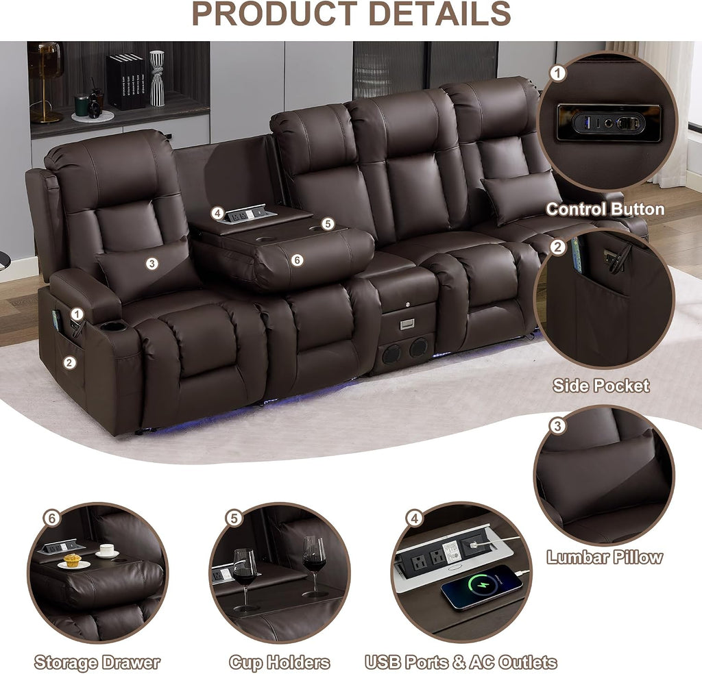 TUNYI Power Loveseat Recliner Sofa with Massage & Heat Home Theater Seating with Console RV Recliner Loveseat Sofa with USB/Storage/Side Pocket/LED Light/Speaker (Brown)