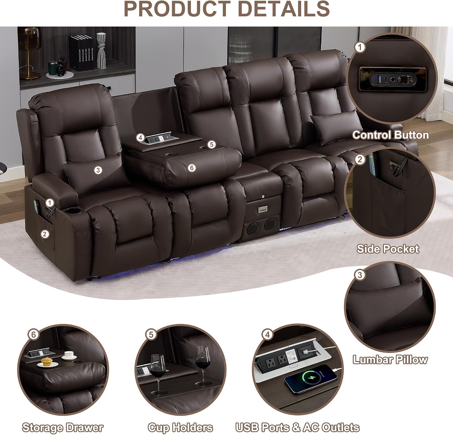 TUNYI Power Loveseat Recliner Sofa with Massage & Heat Home Theater Seating with Console RV Recliner Loveseat Sofa with USB/Storage/Side Pocket/LED Light/Speaker (Brown)