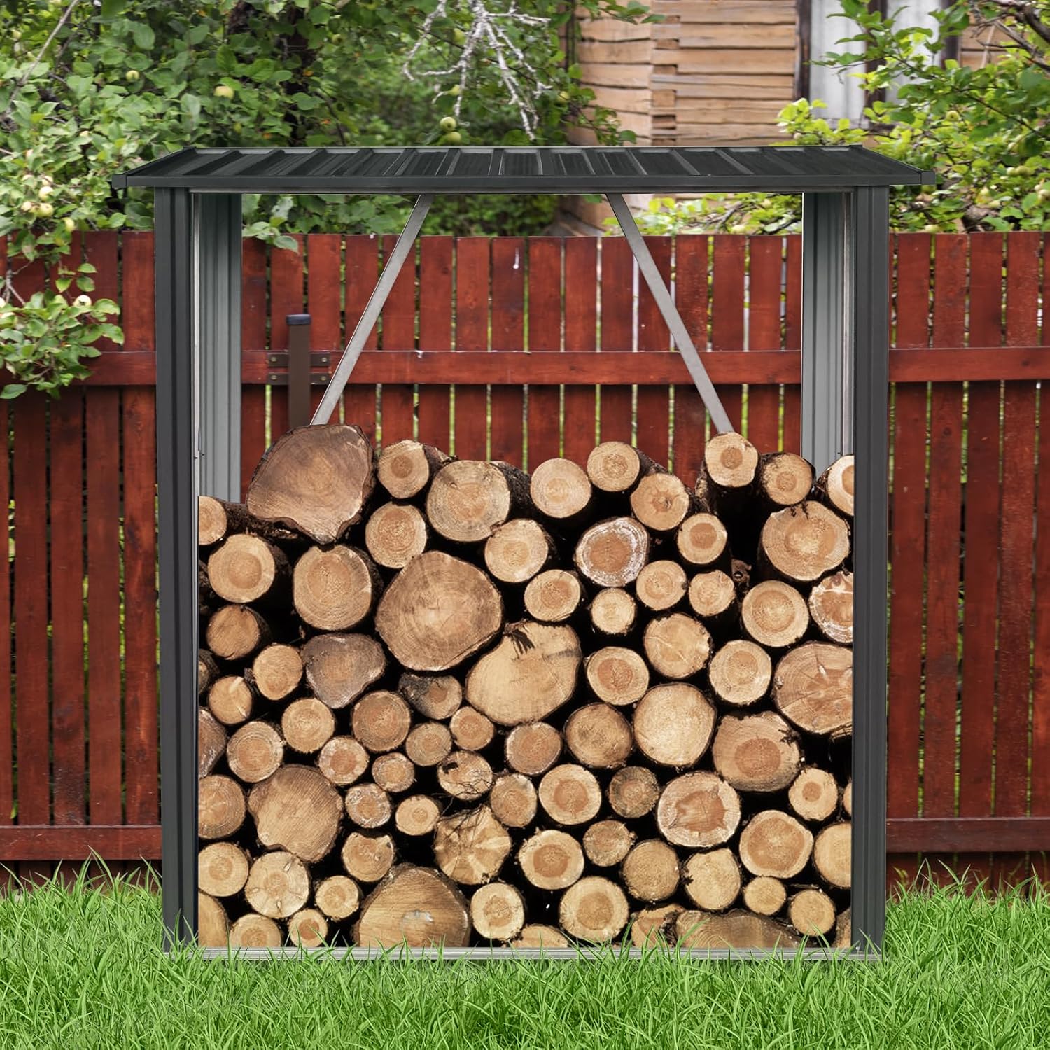 JT 5 x 3 FT Metal Firewood Rack, Galvanised Steel Garden Log Storage Shed, Metal Firewood Shed Holder, Outdoor Log Rack for Backyard, Black