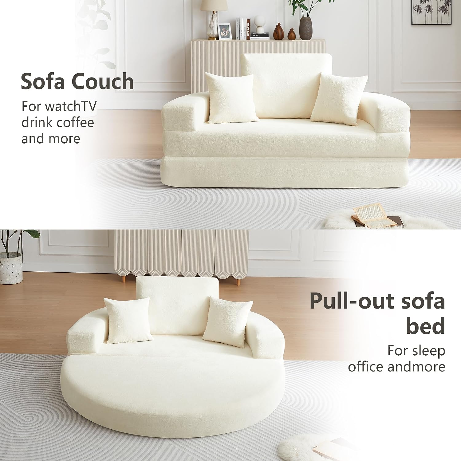 71' Boneless Couch Sofa Bed Oversized Round Couch 2-in-1 Foldable Floor Loveseat Sofa for Living Room and Apartment No Assembly (Beige, 71')