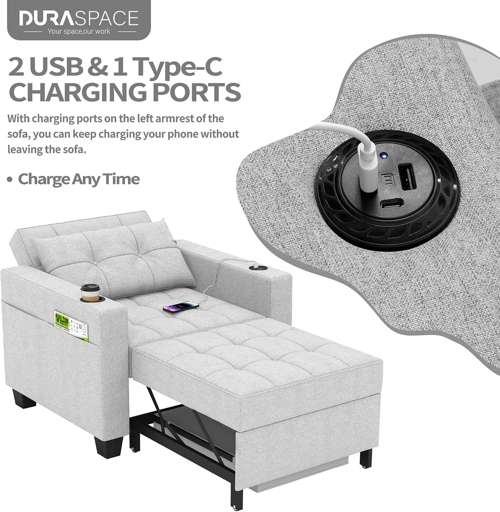 DURASPACE 36.6' Futon Chair Bed Convertible Chair 3-in-1 Pull Out Sleeper Reading Chair Beds with USB, Armchair Sleeper Bed for Living Room, Dorm, Small Space (Light Gray Linen)