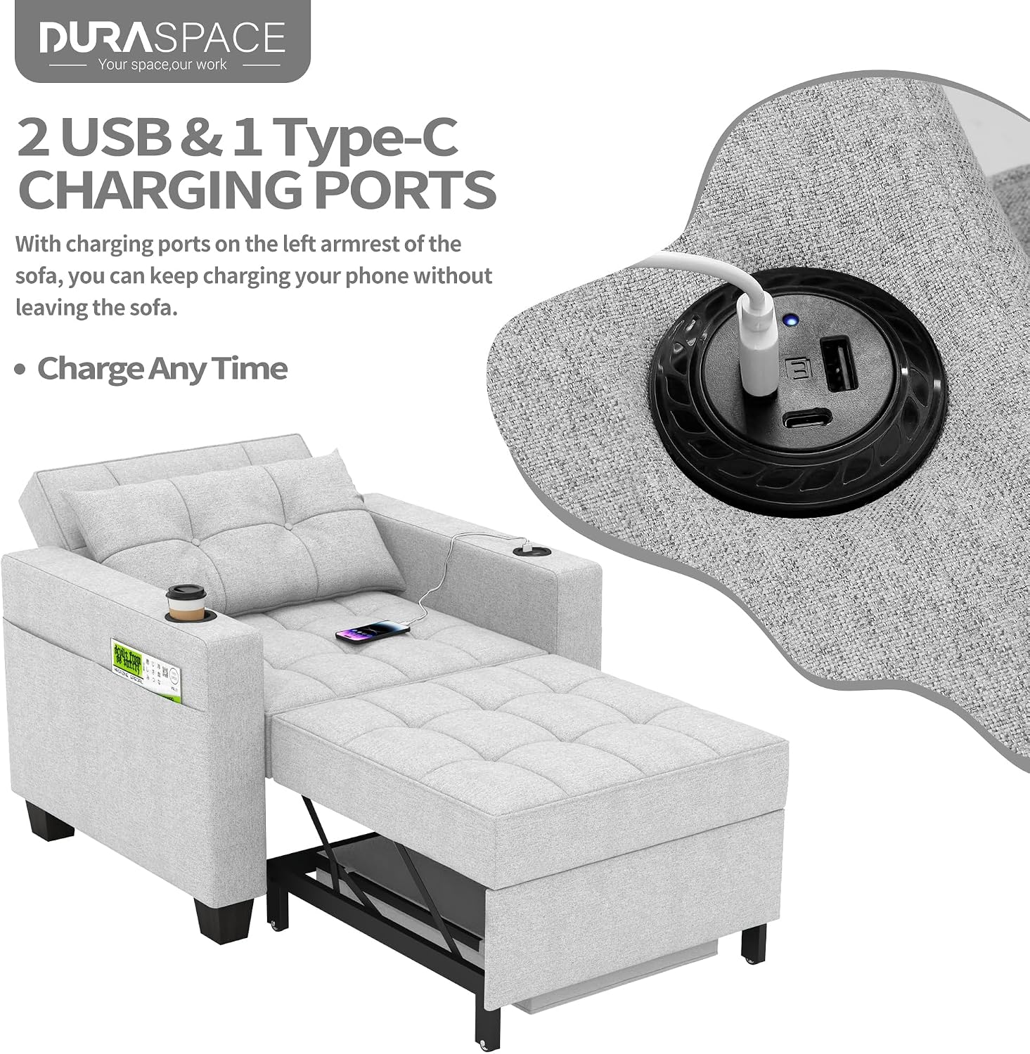 DURASPACE 36.6' Futon Chair Bed Convertible Chair 3-in-1 Pull Out Sleeper Reading Chair Beds with USB, Armchair Sleeper Bed for Living Room, Dorm, Small Space (Light Gray Linen)