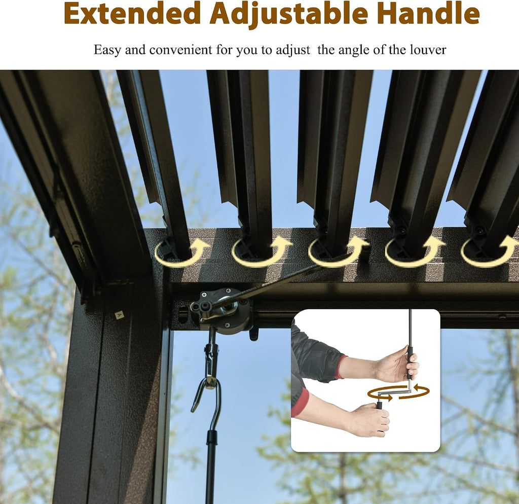 Domi 10x13FT Louvered Pergola, Full Aluminum Pergola with Adjustable Louvered Roof, Outdoor Pergola with Waterproof Curtains and Netting, Dark Brown