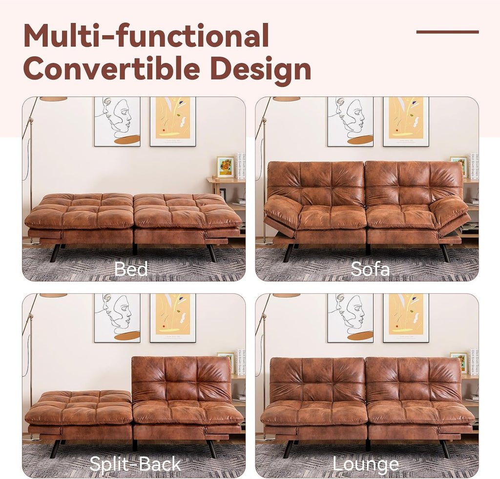 Convertible Futon Sofa Bed,Faux Leather Futon Couch,Memory Foam Futons Bed,Small Splitback Modern Loveseat Sleeper Sofa for Living Room,Office,Apartment,Brown