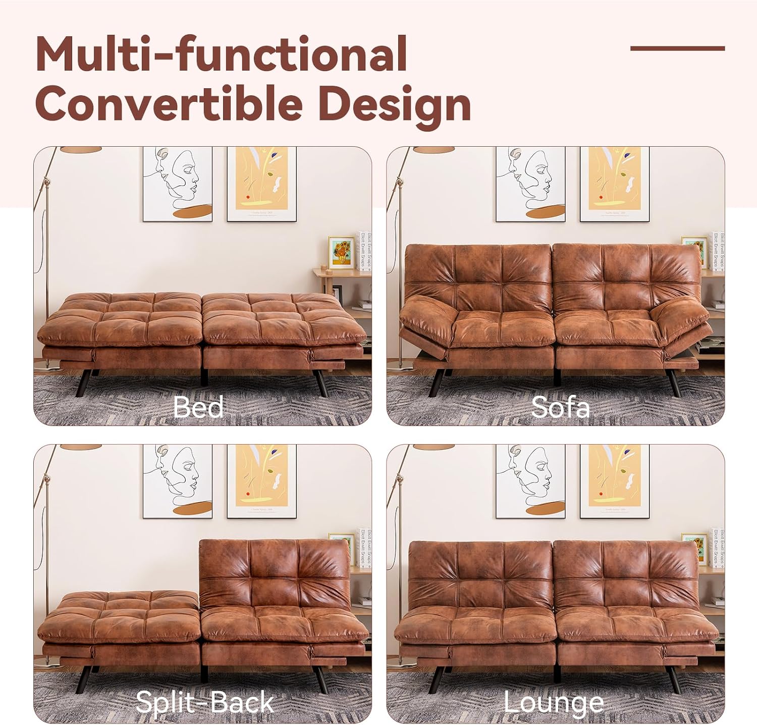 Convertible Futon Sofa Bed,Faux Leather Futon Couch,Memory Foam Futons Bed,Small Splitback Modern Loveseat Sleeper Sofa for Living Room,Office,Apartment,Brown