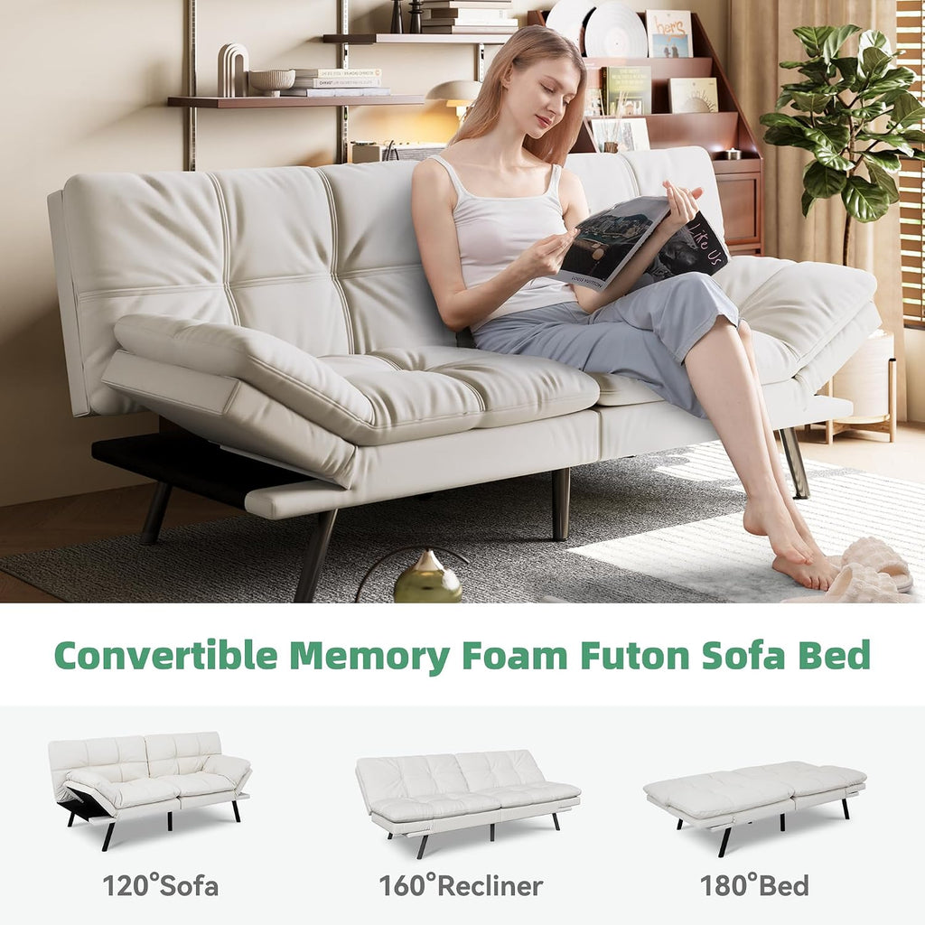 Opoiar 71' L Covertible Futon Sofa Bed,Faux Leather Futon Couch, Memory Foam Modern Loveseat Sleeper, Small Splitback Sofa Couches for Living Room,RV,Home Office,Apartment,White