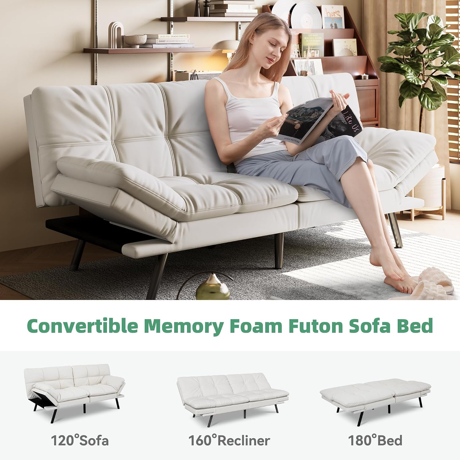 Opoiar 71' L Covertible Futon Sofa Bed,Faux Leather Futon Couch, Memory Foam Modern Loveseat Sleeper, Small Splitback Sofa Couches for Living Room,RV,Home Office,Apartment,White