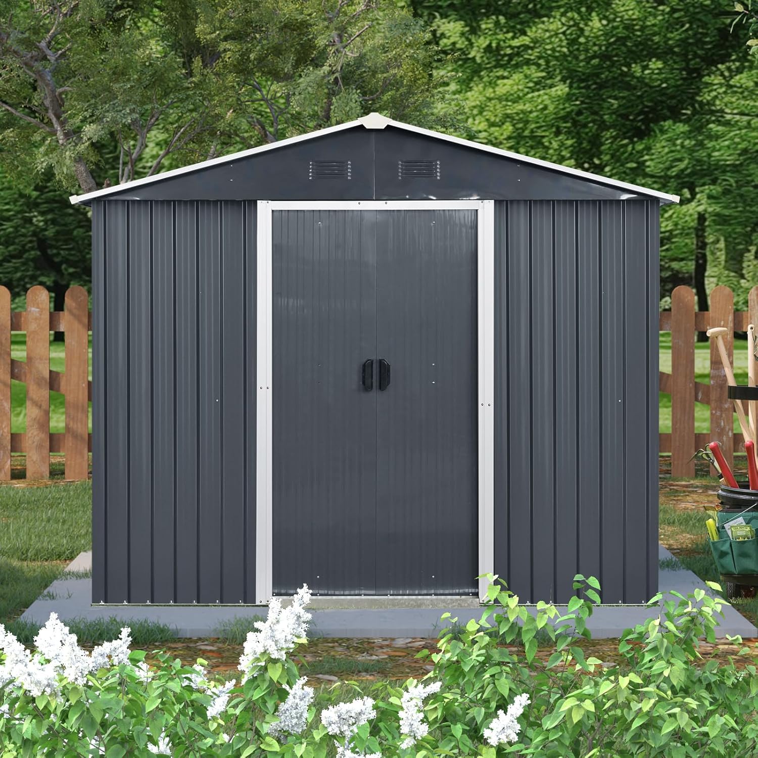 89in*47in Heavy-Duty Outdoor Metal Storage Shed with Floor Foundation & Window - Galvanized Steel Tool Shed, Tiny Home Backyard Solution w/Lock, Shelves & Anchors,Black White