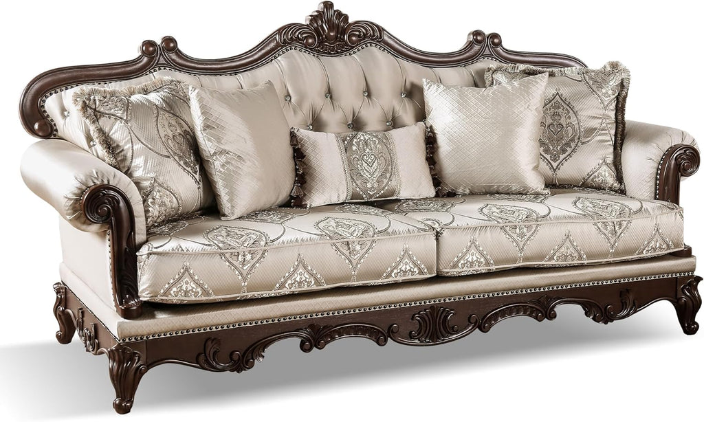 Furniture of America Adelaide Traditional Upholstered Sofa Set with Rolled Armrests, Arm Chair, Wooden Loveseat and Comfortable Couch for Living Room, Office, 3-Piece Set, Dark Cherry/Beige