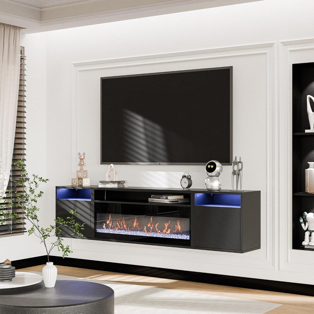 BELLEZE 70' Floating Fireplace TV Stand Wall Mounted with 36' Electric Fireplace,960 RGB Colors Entertainment Center with Storage for TVs up to 80', Modern Media Console TV Shelf for Living Room