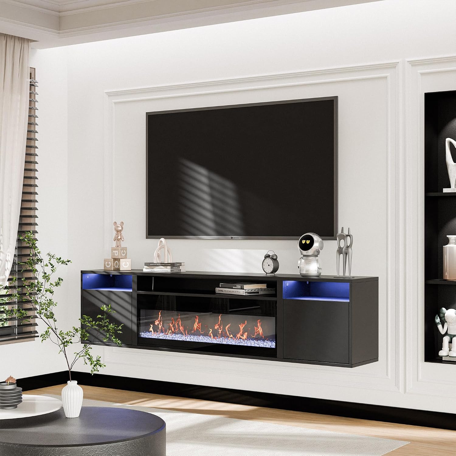 BELLEZE 70' Floating Fireplace TV Stand Wall Mounted with 36' Electric Fireplace,960 RGB Colors Entertainment Center with Storage for TVs up to 80', Modern Media Console TV Shelf for Living Room