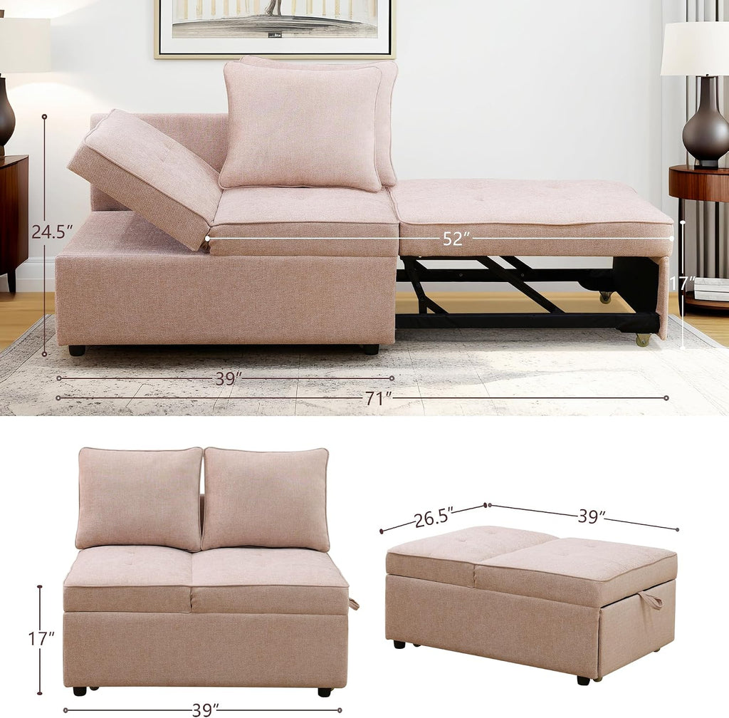 Sleeper Sofa, 4-in-1 Convertible Ottoman Couch Bed, Modern Sackcloth Futon Sofa Bed with 2 Pillows Adjustable Backrest, Recliner Folding Loveseat for Living Room, Apartment Dorm, Office,Pink