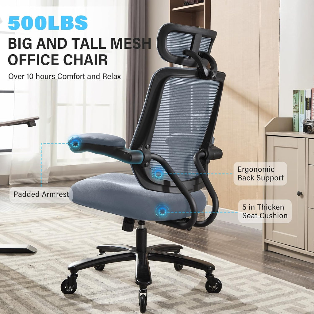 500lbs Big and Tall Office Chair - Heavy Duty Mesh Ergonomic Desk Chair with Headrest, High Back Computer Chair - Flip-up Armrests, Wide Thick Seat Cushion, Quiet Wheels, Grey