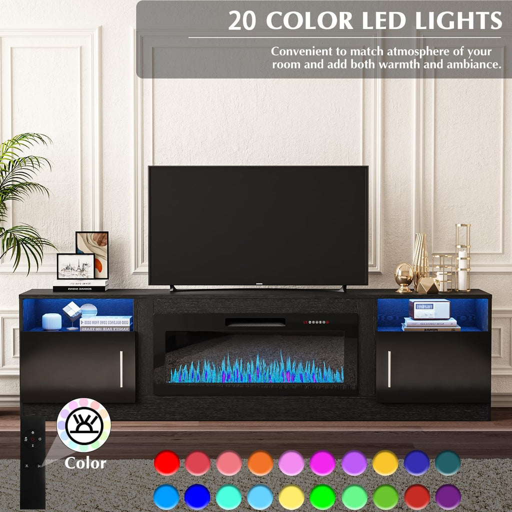 VITESSE TV Stand with 36' inch Electric Fireplace Up to 90' TVs, LED Light Entertainment Center, 80' Modern Wood High Gloss Fireplace with Highlight Storage Cabinet for Living Room (Black)