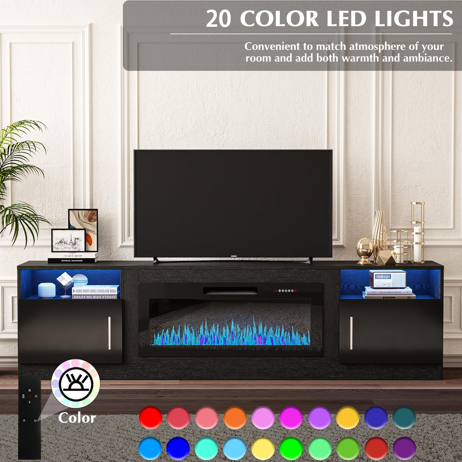 VITESSE TV Stand with 36' inch Electric Fireplace Up to 90' TVs, LED Light Entertainment Center, 80' Modern Wood High Gloss Fireplace with Highlight Storage Cabinet for Living Room (Black)