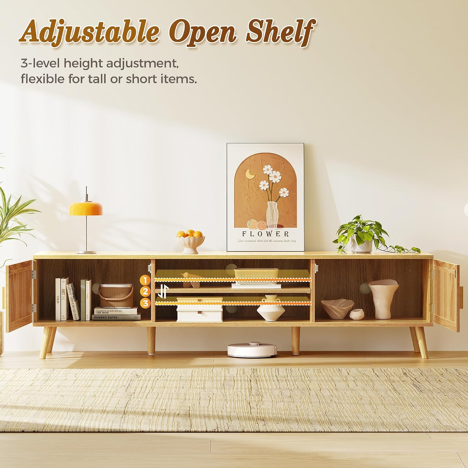 SUPERJARE 70.9 Inch Boho TV Stand for 75 Inch TV, Entertainment Center with Adjustable Shelf, Rattan TV Console with 2 Cabinets, Media Console, Solid Wood Feet, 4 Cord Holes, for Living Room, Natural