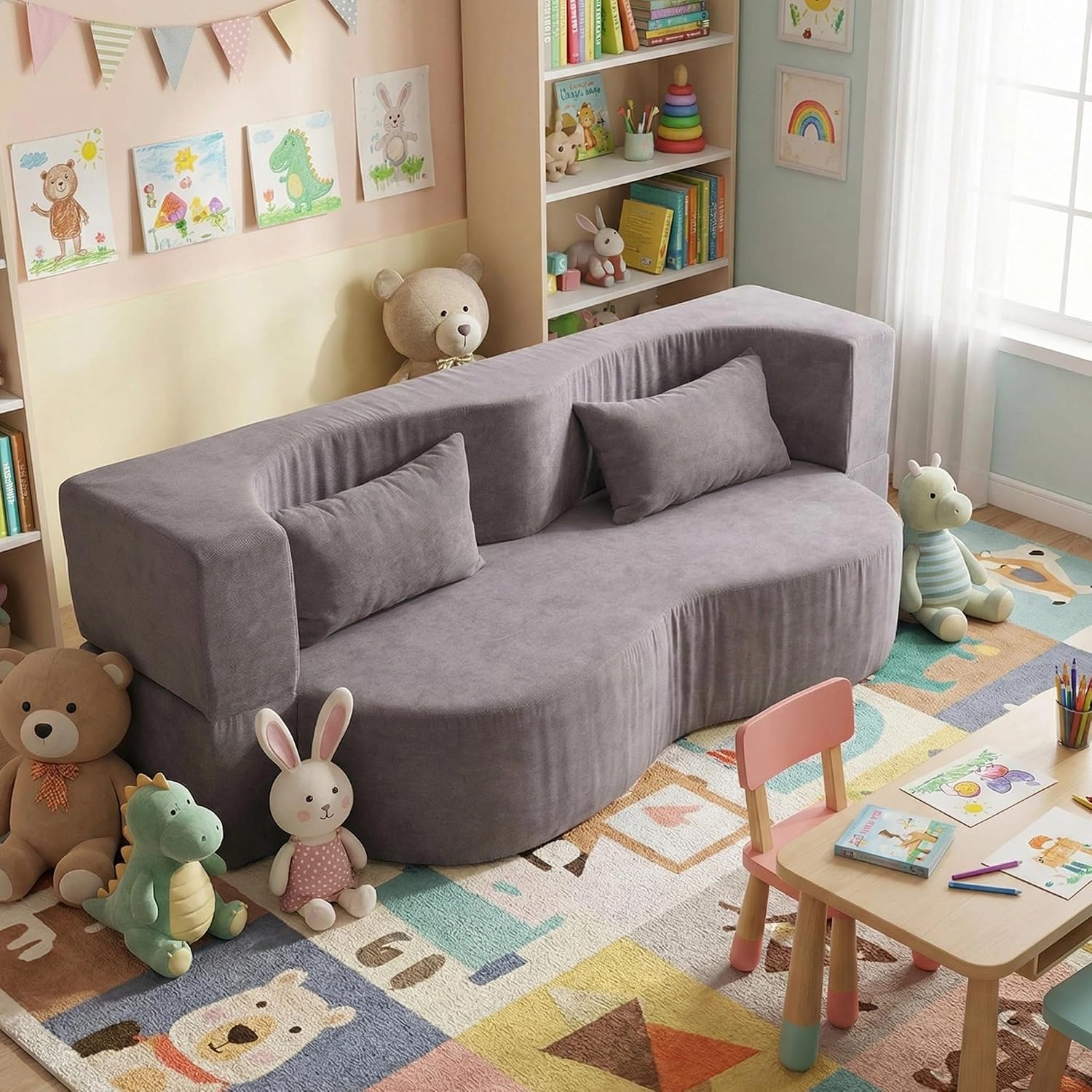 2-in-1 Convertible Sofa,78 Inch Pull Out Sofa Folding Sofa Bed with 2 Pilow Lazy Sofa, Corduroy Loveseat Sleeper Floor Sofa for Apartment Children's Room Bedroom Living Room, Grey | Pull Out Sofa Bed, Folding, 2 Pillows, Teddy Loveseat, Floor Sofa