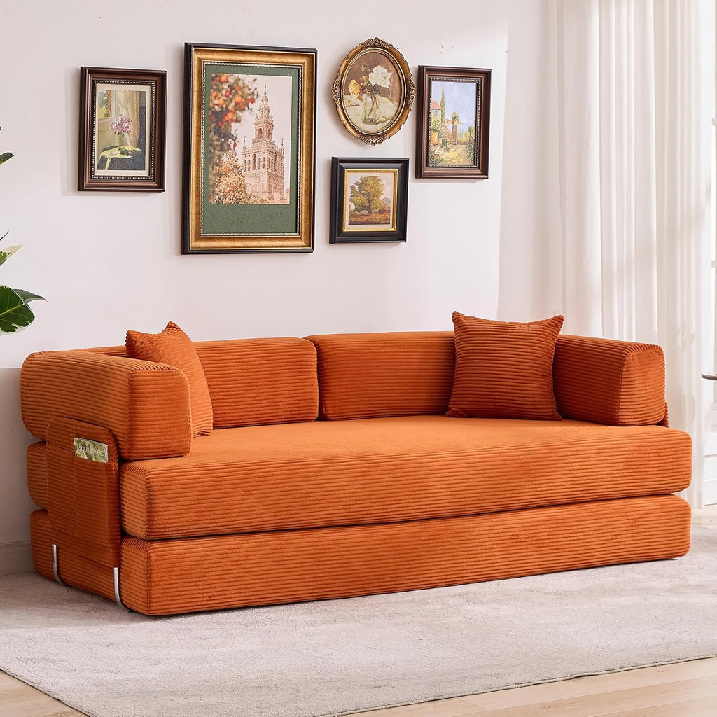Garvee 5-in-1 Convertible Sofa Bed, 78.8' Modular Corduroy Sleeper with Sturdy Frame & No Assembly, Multi-Functional Futon for Small Space, Living Room & Guest Room (Green) (Orange)
