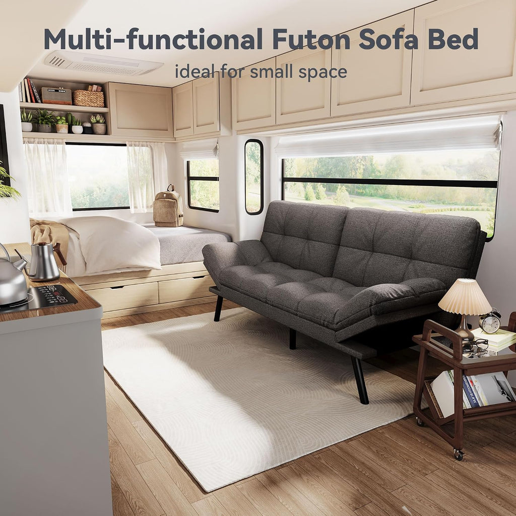 Convertible Futon Sofa Bed,Linen Futon Couch with Detachable Cushion,Adjustable Backrest & Armrest,Modern Small Loveseat Sleeper Recliner for Living Room,Office,Apartment,Dark Grey