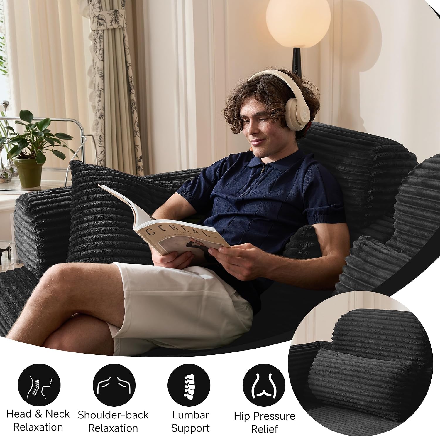 79' Sofa Bed, Deep Seat 32' Sleeper Sofa, 5-in-1 Convertible Sofa Bed, Boneless Couch in a Box, Corduroy Floor Futon with Thickened backrest and Headrest Pillows, Side Pockets, Black